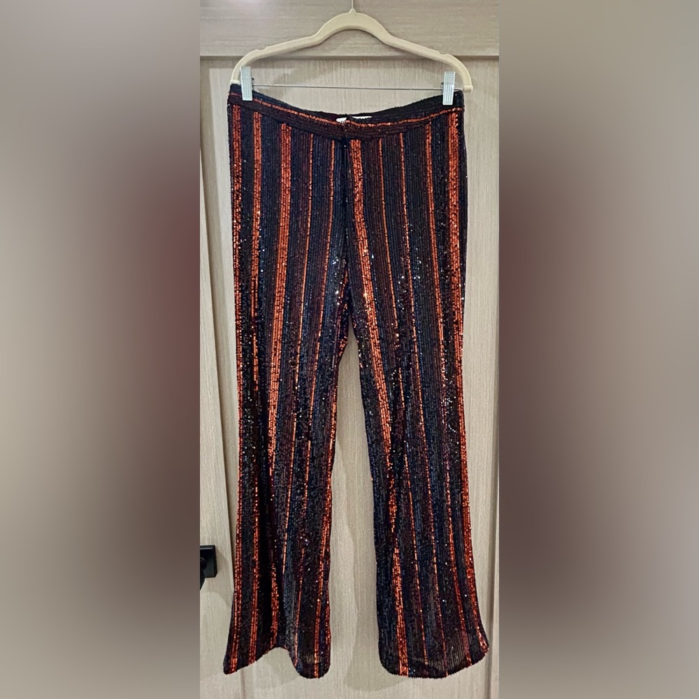 Zara Women's Sequin Striped Pants - Black and Orange